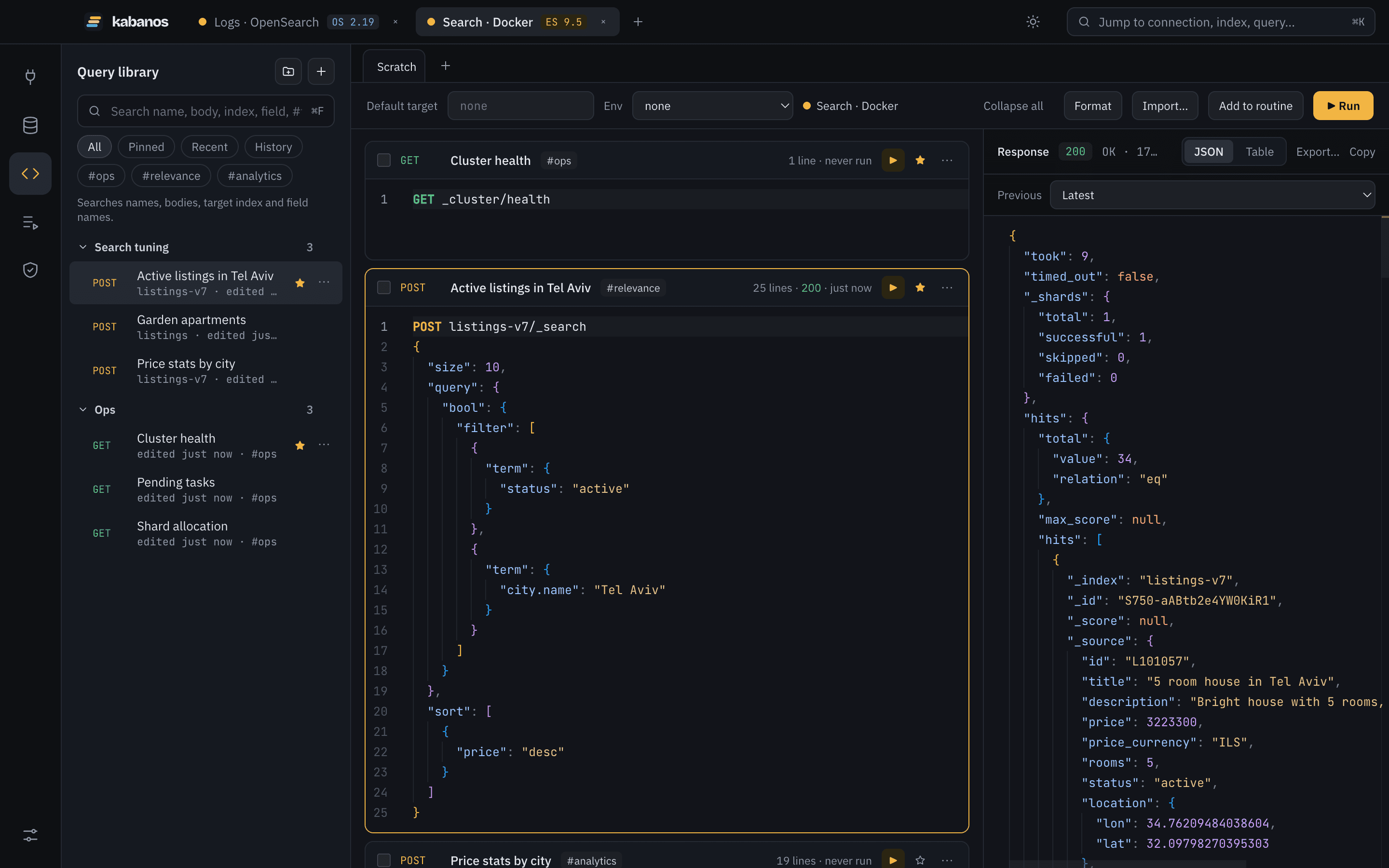The kabanos query workspace: a library of saved queries on the left, named request blocks in the middle and a JSON response on the right.